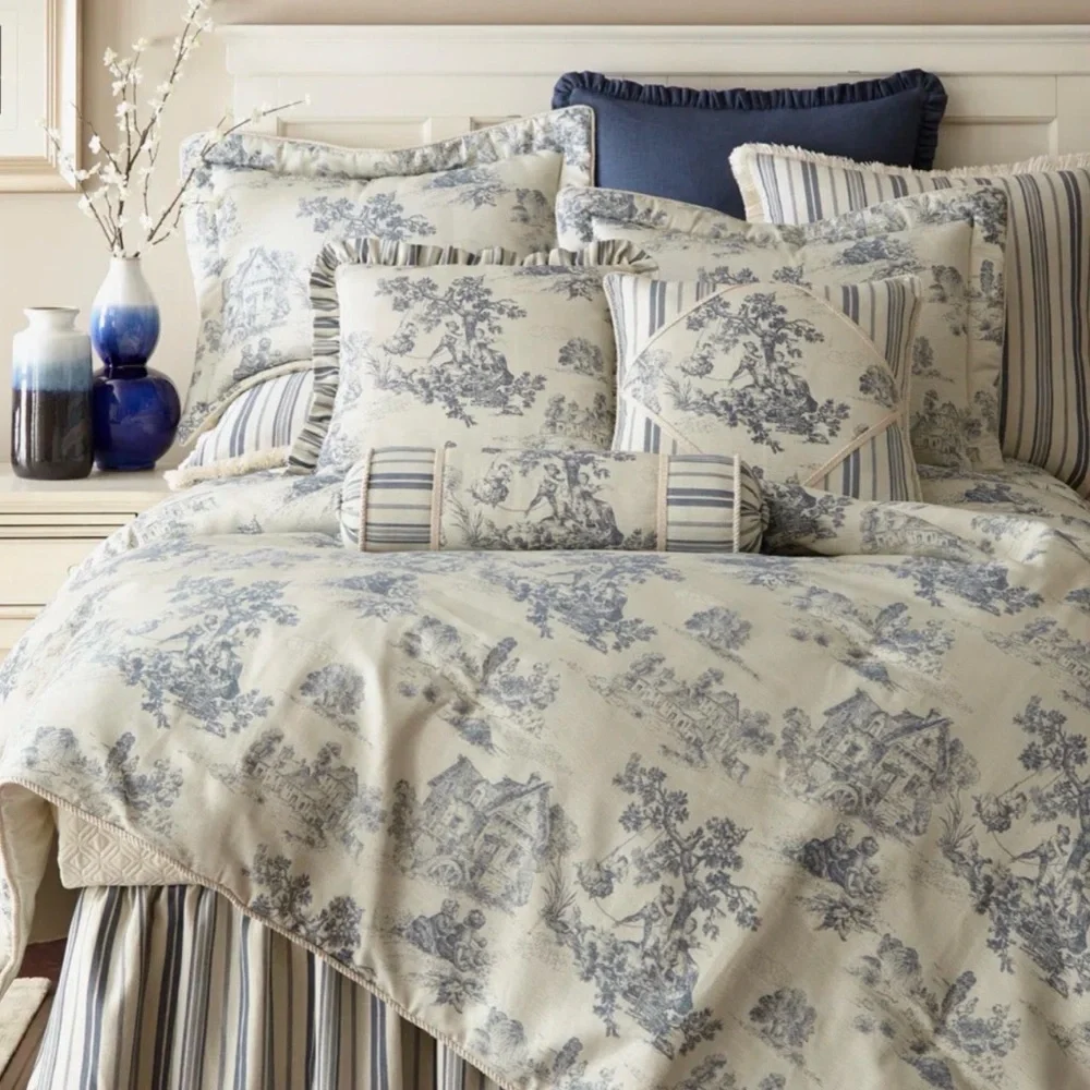 Austin Horn Blue and Cream Toile & Stripe Comforter Set
